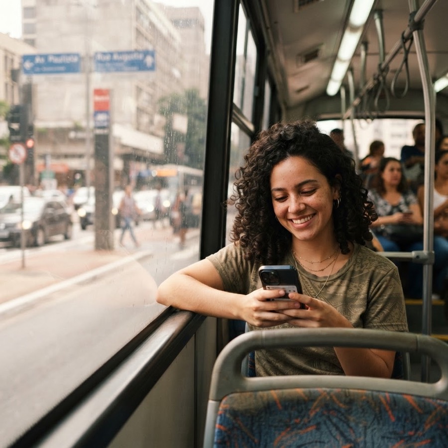 Passageira sorrindo enquanto usa o celular dentro do ônibus
