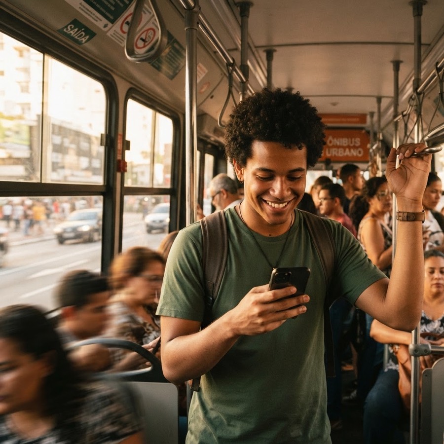 Passageiro usando o celular em pé dentro do ônibus
